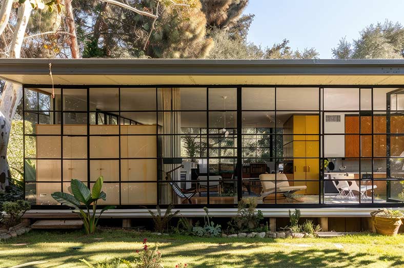 Interior de vivienda con estructura metálica expuesta y diseño abierto