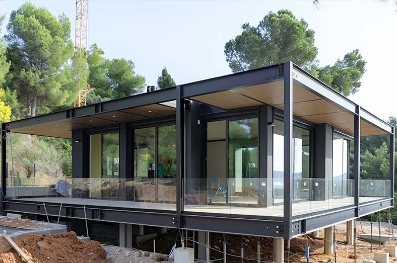 Vivienda unifamiliar moderna en construcción con estructura metálica vista