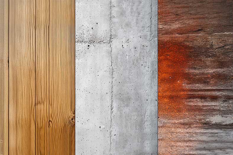 Comparativa visual de materiales para construcción: madera, hormigón y acero oxidado
